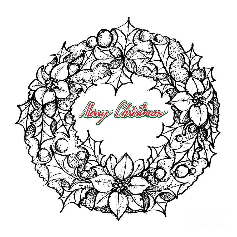 Christmas Flower Drawing
 Hand Drawn Christmas Wreath Red Poinsettia Flowers