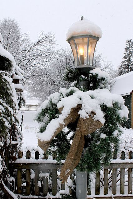 Christmas Lamp Post With Snow
 lamp post burlap greens and snow