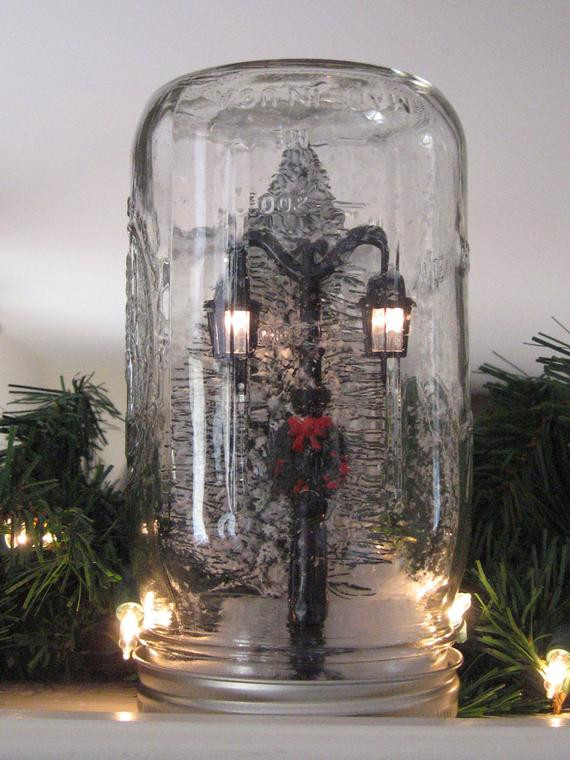 Christmas Lamp Post With Snow
 Mason Jar Snow Globe Vintage Inspired Christmas Tree and Lamp