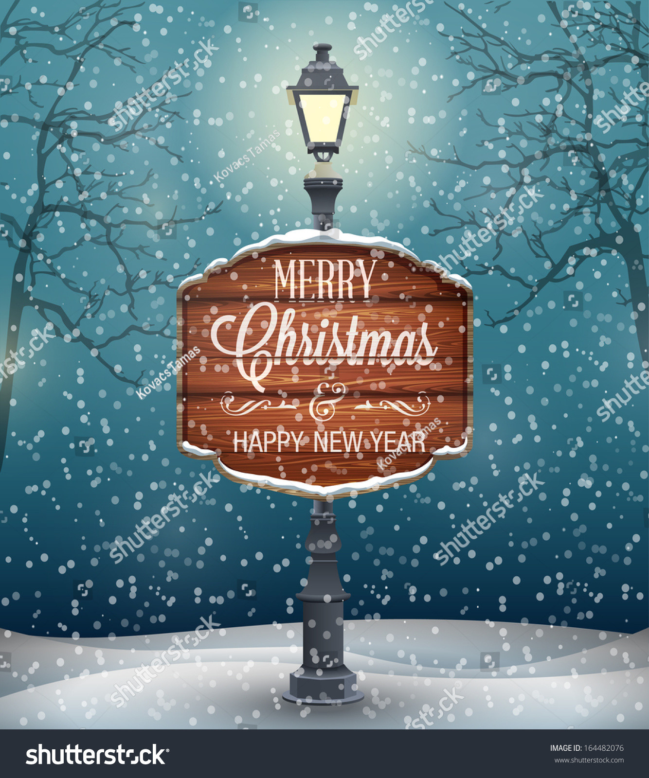 Christmas Lamp Post With Snow
 Signboard With Christmas Greeting Lamp Post Winter