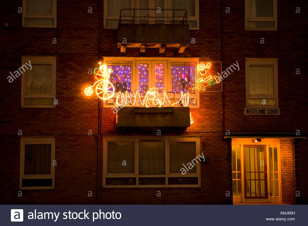 Christmas Lights For Balcony
 Christmas lights at night decorating a balcony in a block