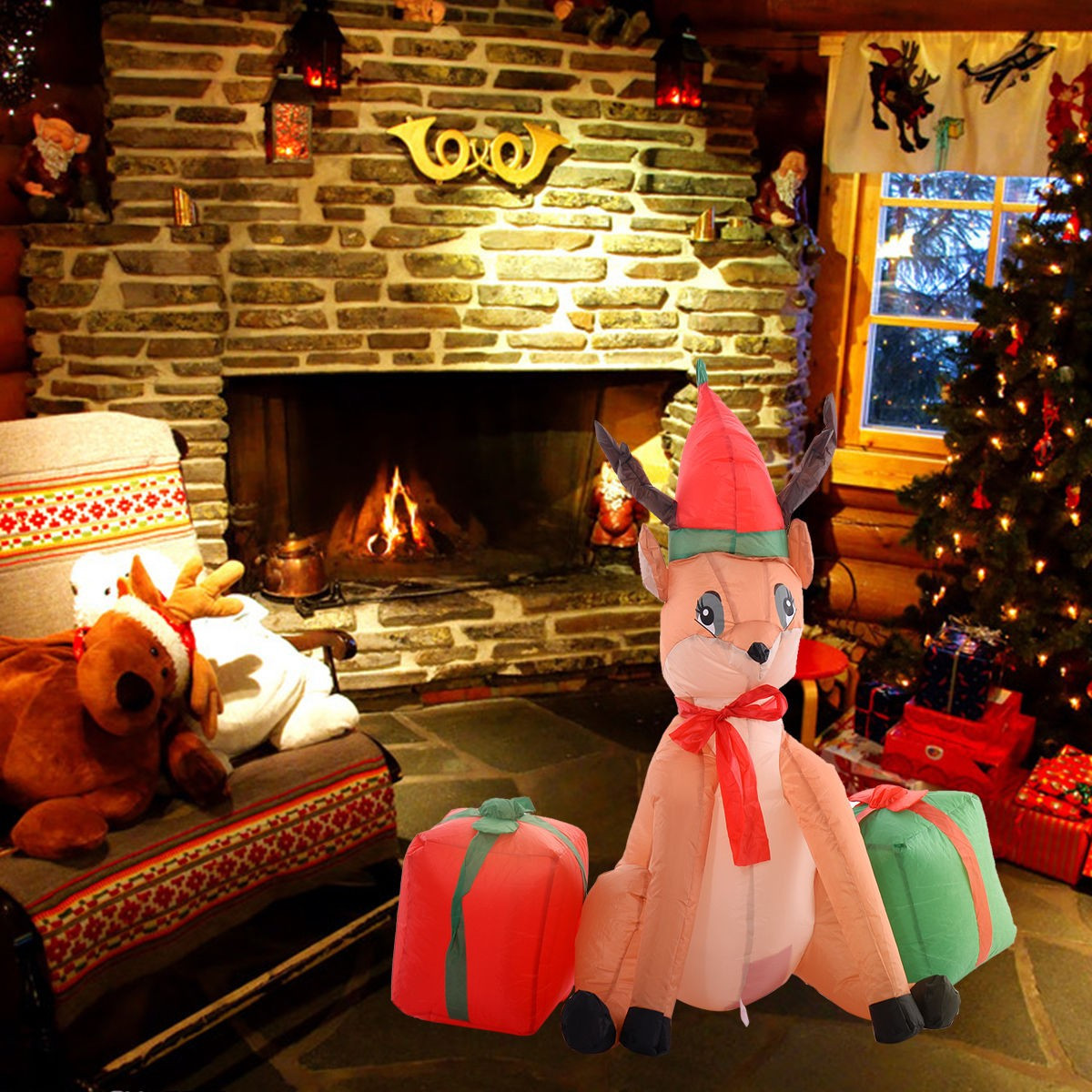 Christmas Reindeer Decoration Indoor
 4Ft Airblown Inflatable Christmas Gift Reindeer Box Xmas