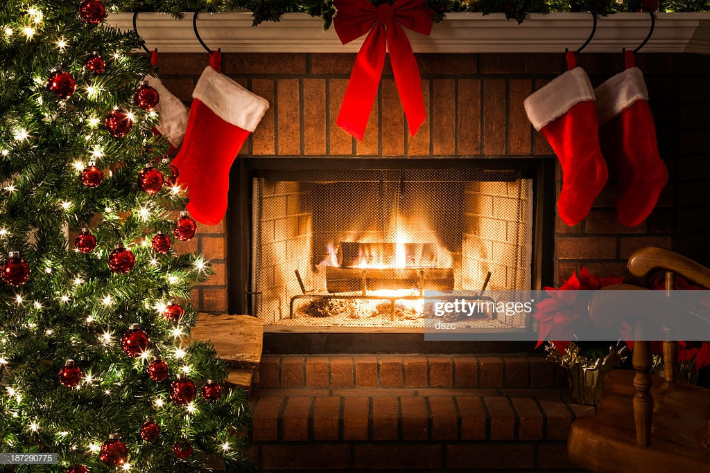 Christmas Sock Fireplace
 Decorated Christmas Tree Blazing Fire In Fireplace