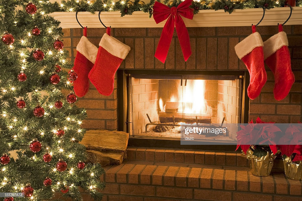 Christmas Sock Fireplace
 Christmas Tree And Decor Around The Fireplace With Blazing