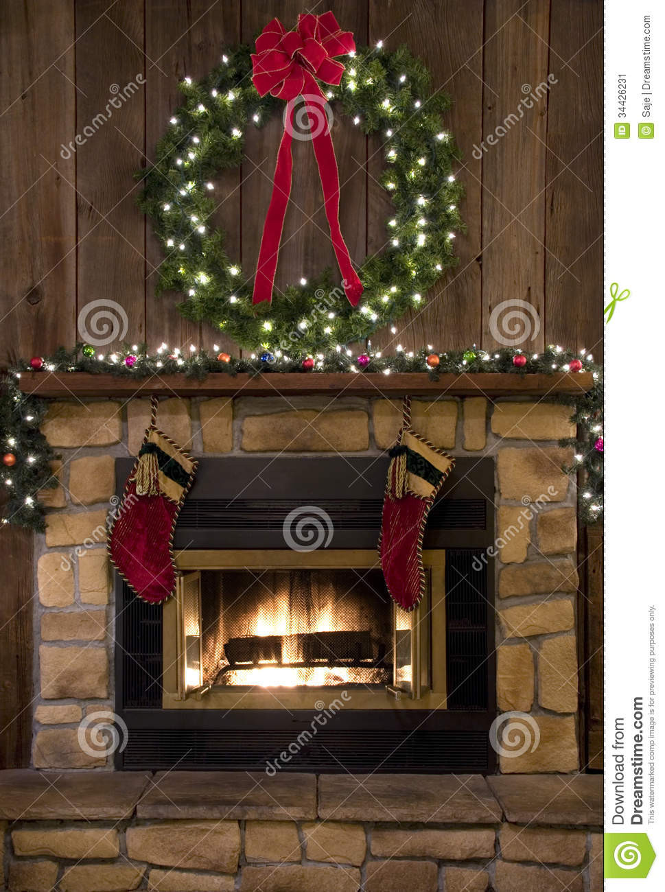 Christmas Stockings Hanging Over Fireplace
 Christmas Fireplace Hearth With Wreath And Stockings Stock