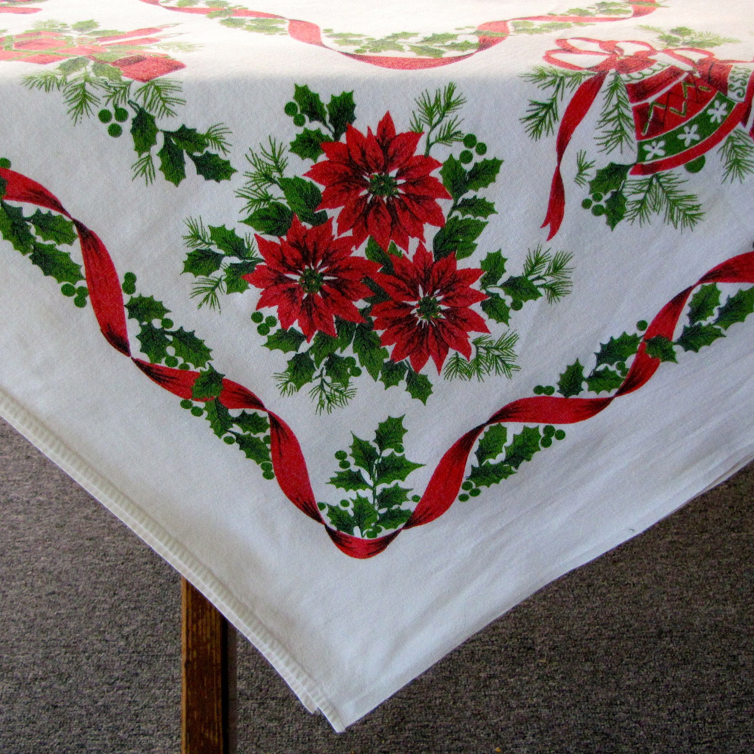 Christmas Table Cloths
 Vintage Christmas Tablecloth Linen Sleigh Bells by KerryCan
