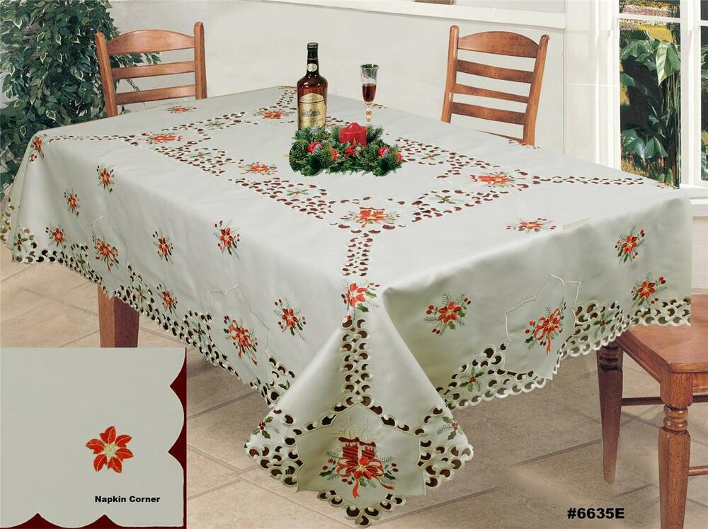 Christmas Table Cloths
 Christmas Embroidered Red Poinsettia Tablecloth 70x104