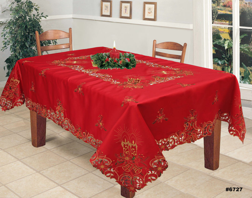Christmas Table Cloths
 Holiday Christmas Poinsettia Candle Bell Tablecloth With