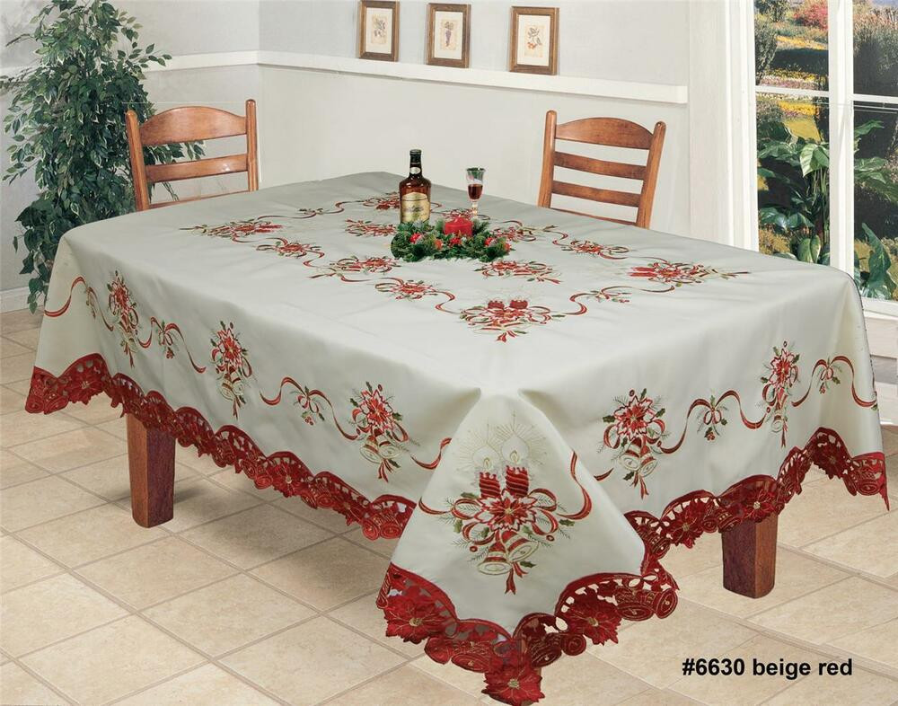 Christmas Table Cloths
 Holiday Christmas Embroidered Poinsettia Tablecloth With