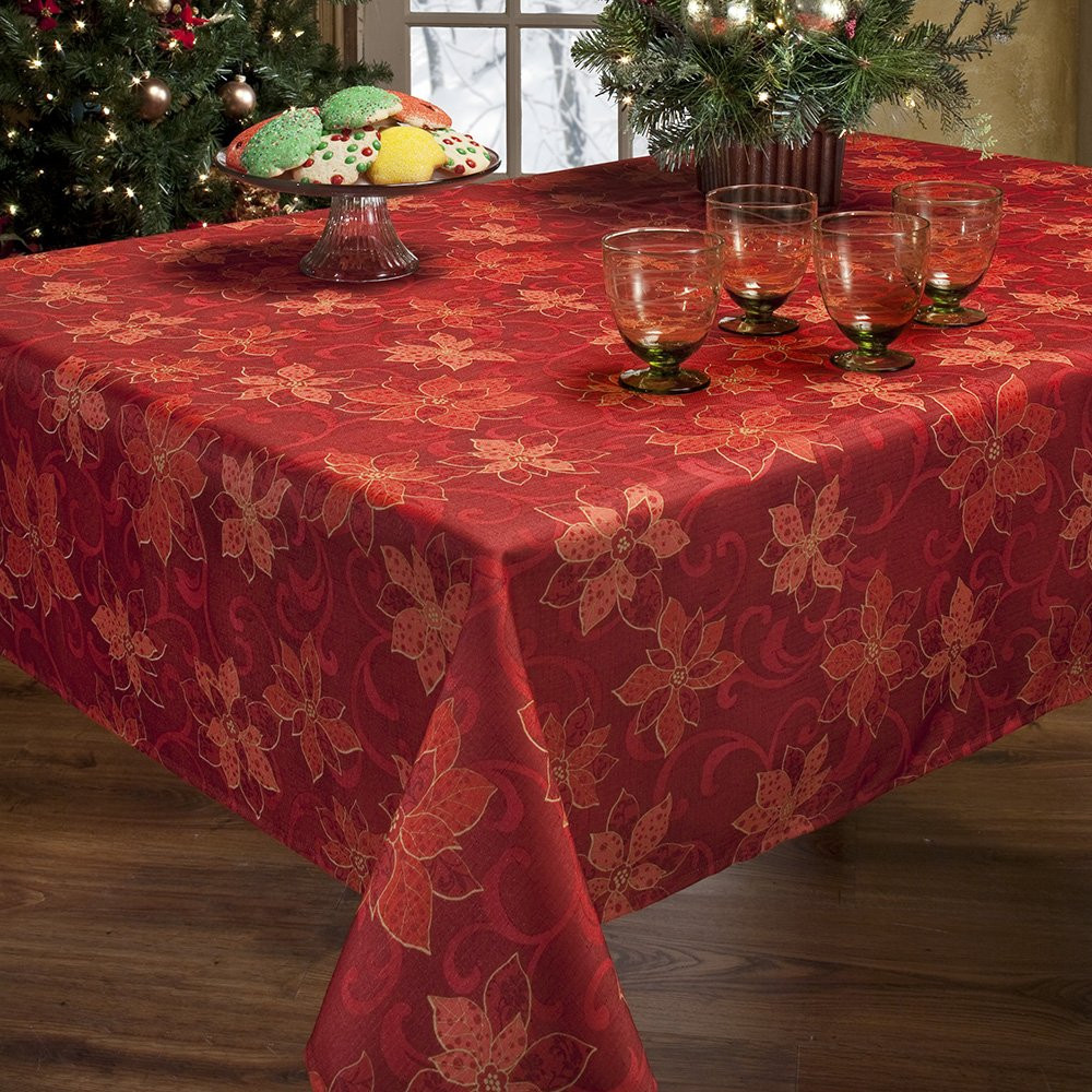 Christmas Table Cloths
 Benson Mills PoinSetta Scroll Printed Fabric Tablecloth