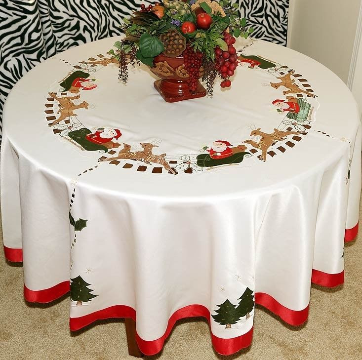 Christmas Table Cloths
 Vintage Christmas Embroidered Santa Tablecloth Round White