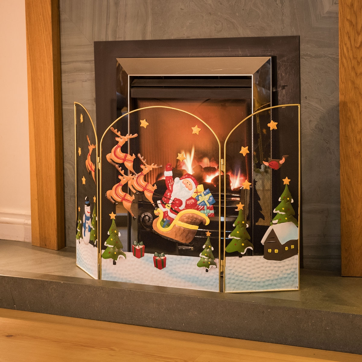 Christmas Themed Fireplace Screens
 3 Panel Fireguard Fireplace Screen Santa Sleigh Christmas