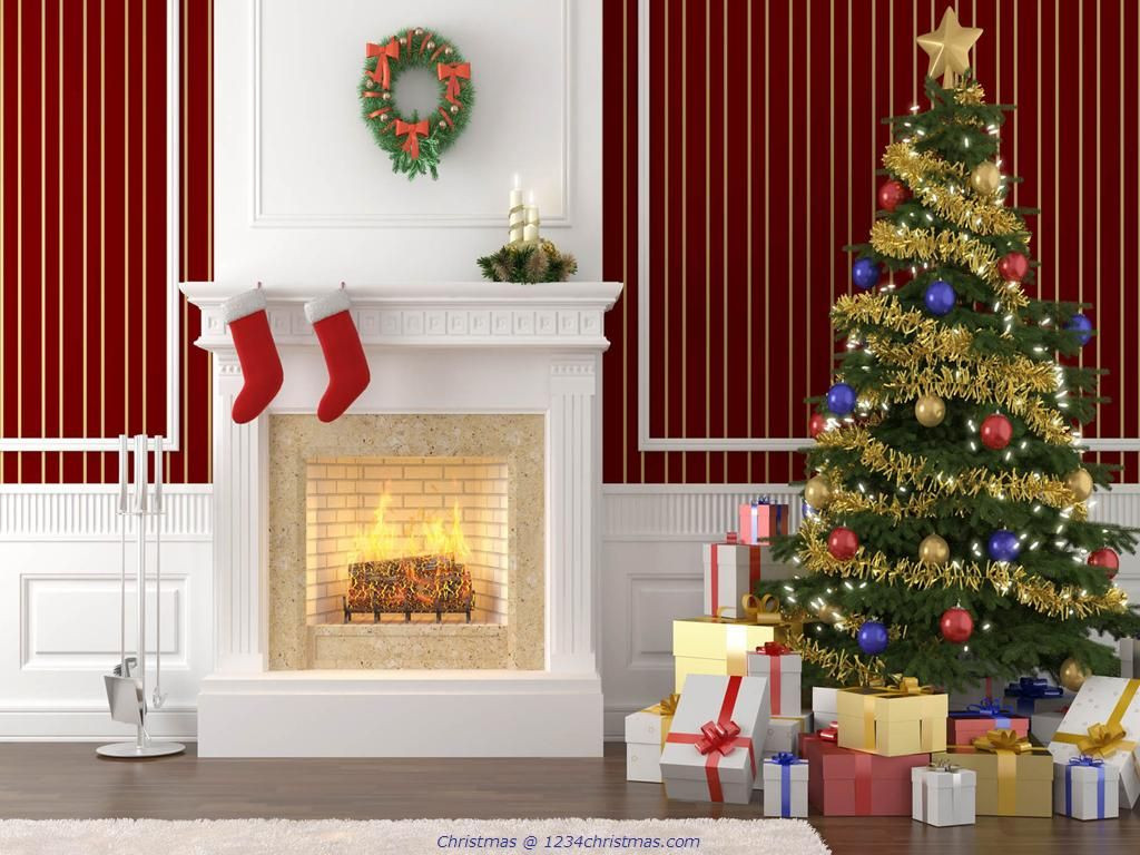 Christmas Tree Near Fireplace
 Christmas Tree and Fireplace Desktop Wallpaper