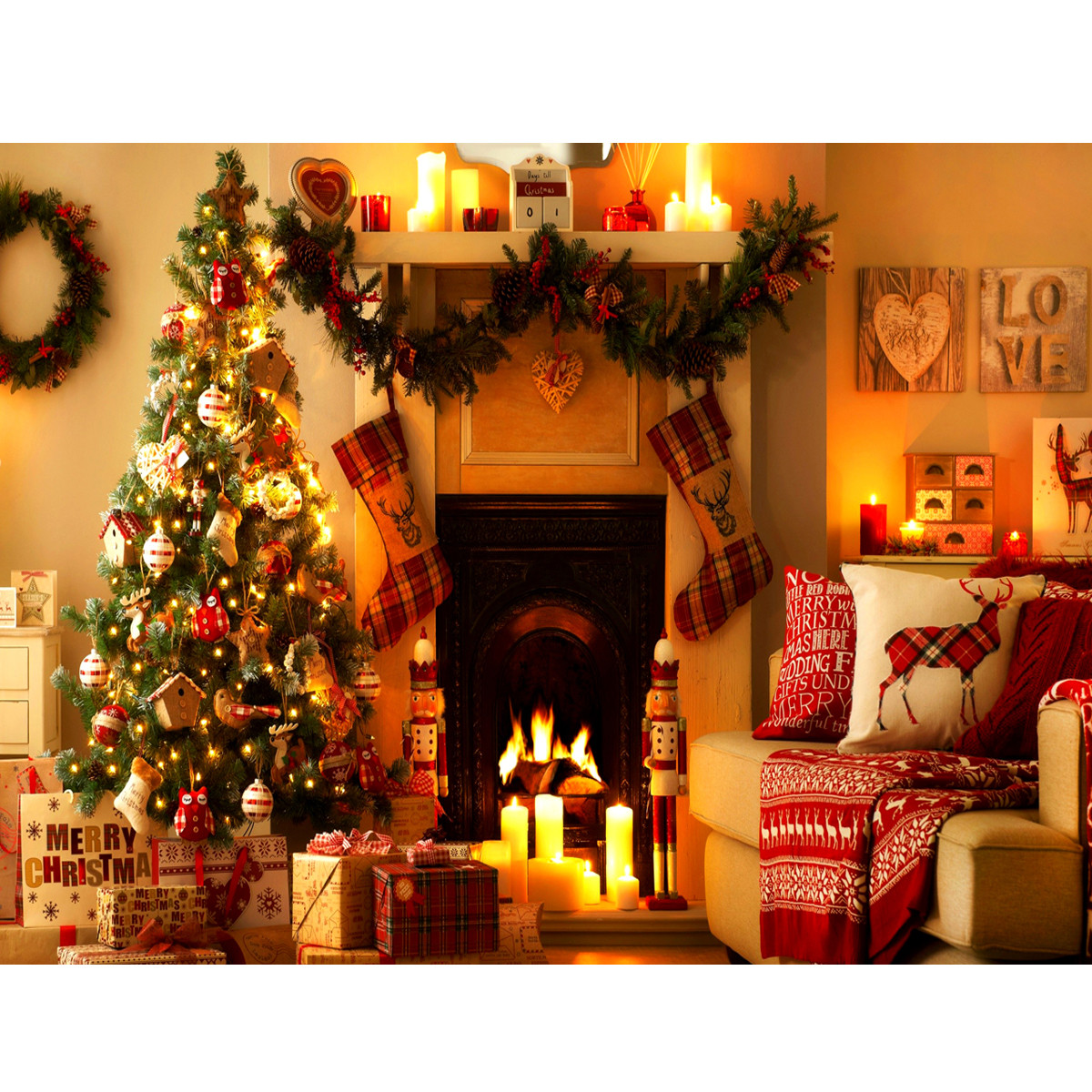 Christmas Tree Near Fireplace
 5x7ft Vinyl Warm Light Christmas Tree Fireplace Stocking