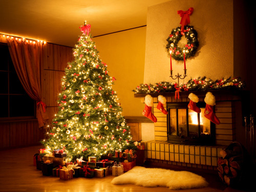 Christmas Tree Near Fireplace
 christmas tree fireplace stockings lights lgn