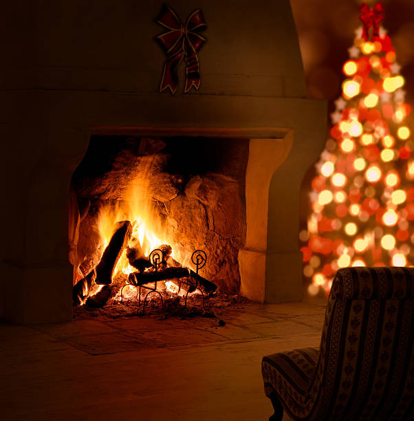 Christmas Tree Near Fireplace
 Royalty Free Christmas Fireplace Fire Stone