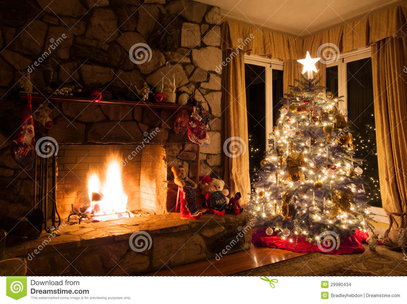 Christmas Tree Next To Fireplace
 Christmas Tree And Rustic Fireplace In A Cozy Home Stock