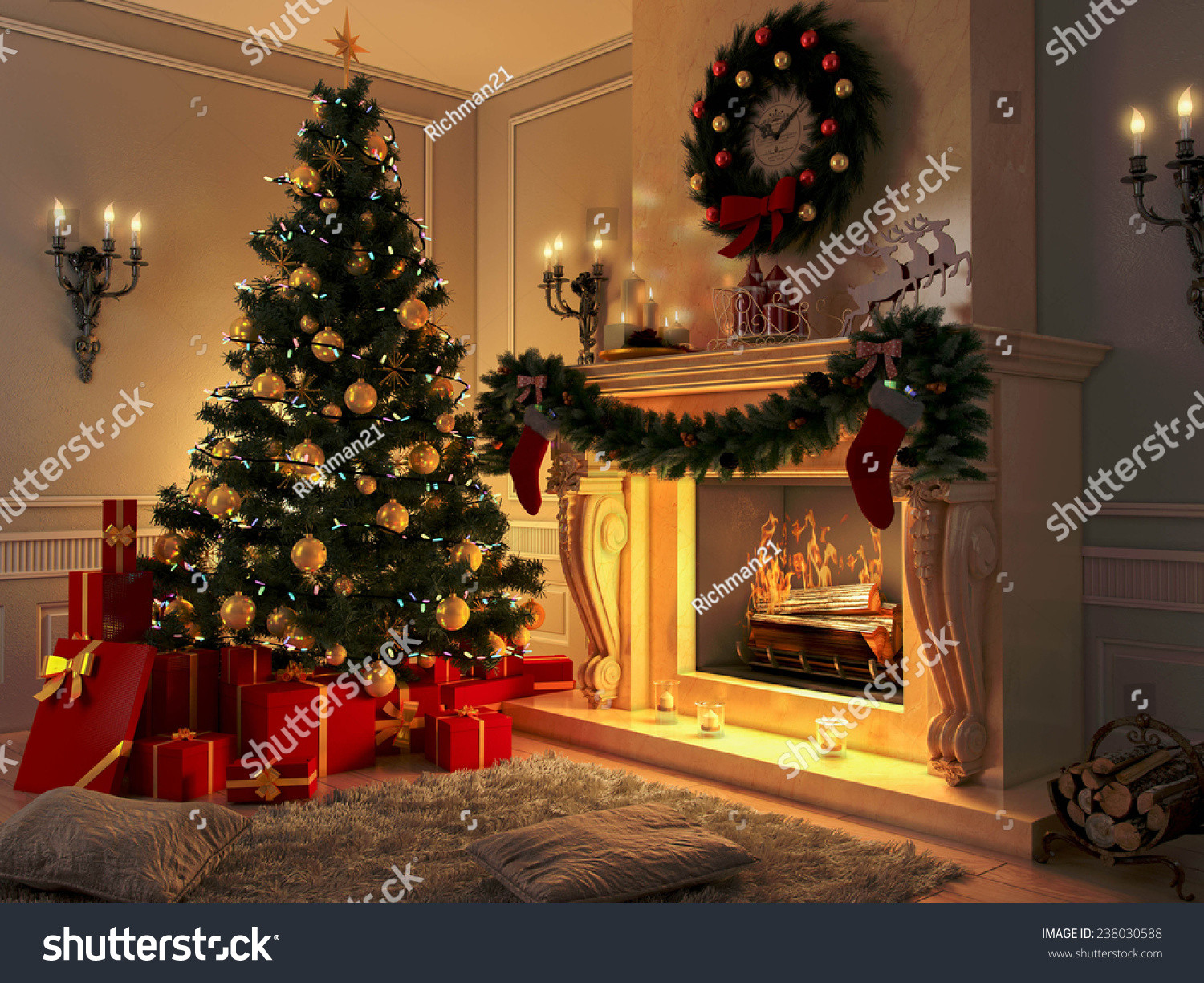 Christmas Tree Next To Fireplace
 3d Rendering New Year Interior With Christmas Tree