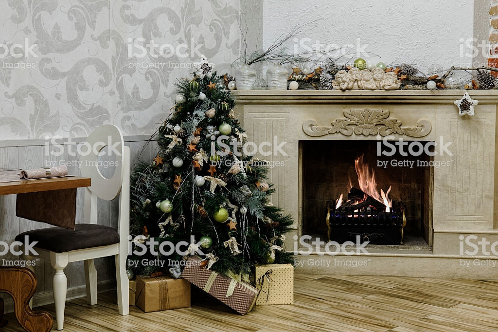Christmas Tree Next To Fireplace
 Christmas Tree Next To Vintage Fireplace Stock