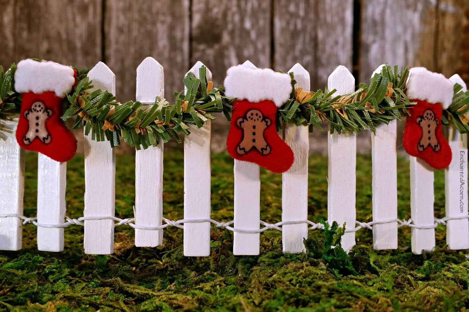 Christmas Village Fence
 Miniature White Picket Fence with Garland and Christmas