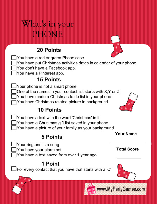 Company Christmas Party Game Ideas
 Free Printable What s in Your Phone Christmas Game