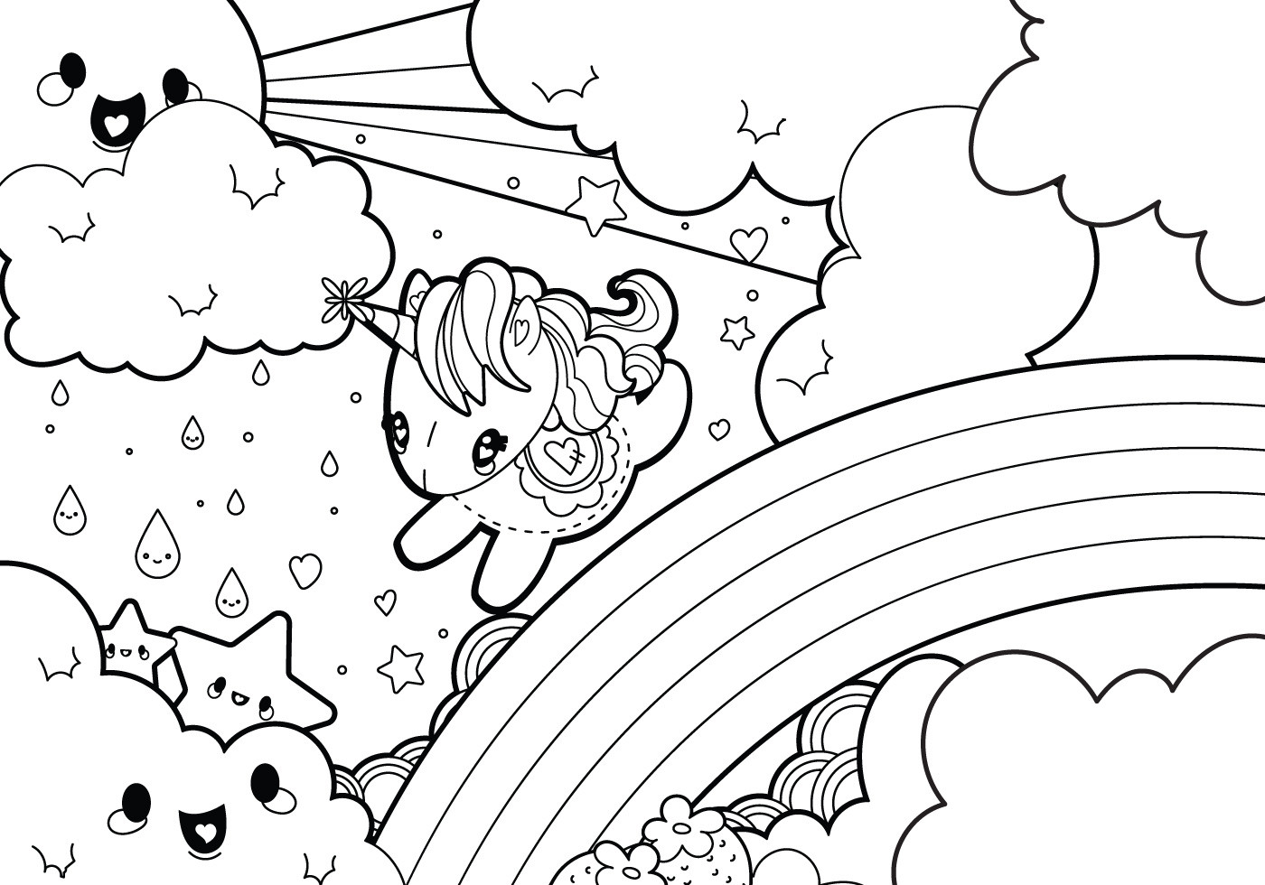 Cute Unicorn Coloring Pages For Kids
 Rainy Rainbow Unicorn Scene Coloring Page Download Free