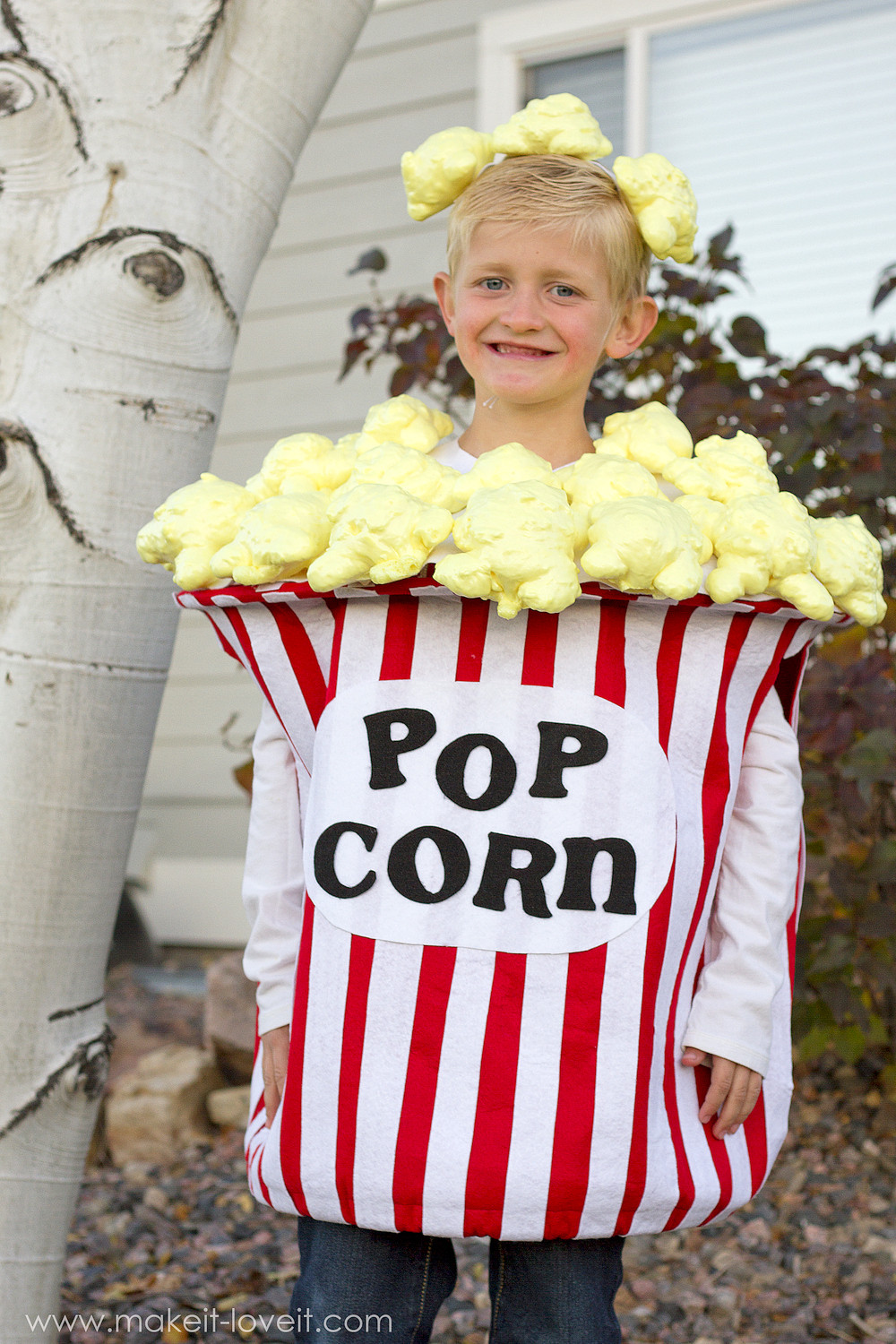 DIY Child Costumes
 Bucket of Popcorn Costume with HUGE popped kernels