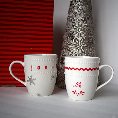 DIY Christmas Mugs
 Dollar Store Stenciled Gift Mugs