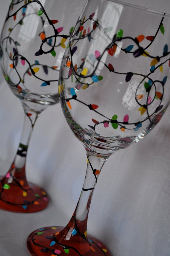 DIY Christmas Wine Glasses
 Hand Painted Christmas Lights Wine Glass Pair