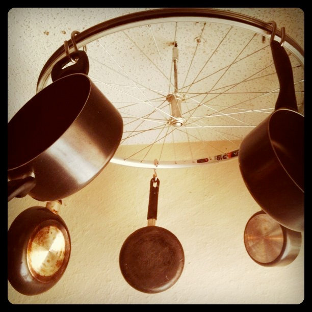 DIY Pot And Pan Rack
 DIY kitchen bicycle wheel pot rack – HIPPIE EATS