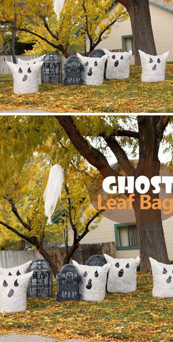 Easy Homemade Outdoor Halloween Decorations
 Ghost Leaf Bags