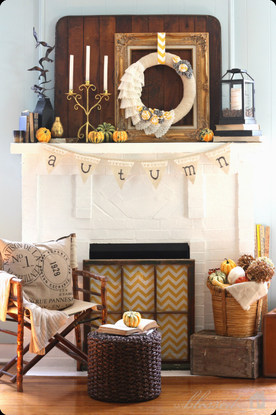 Fall Decor Fireplace Mantel
 Fall mantel decorated with reclaimed pallet wood