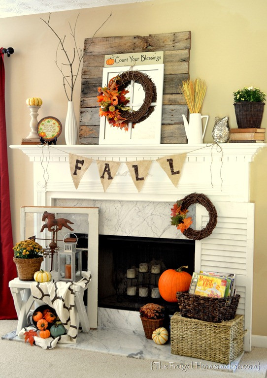 Fall Decorations Fireplace Mantel
 Fall mantel decorated with reclaimed pallet wood