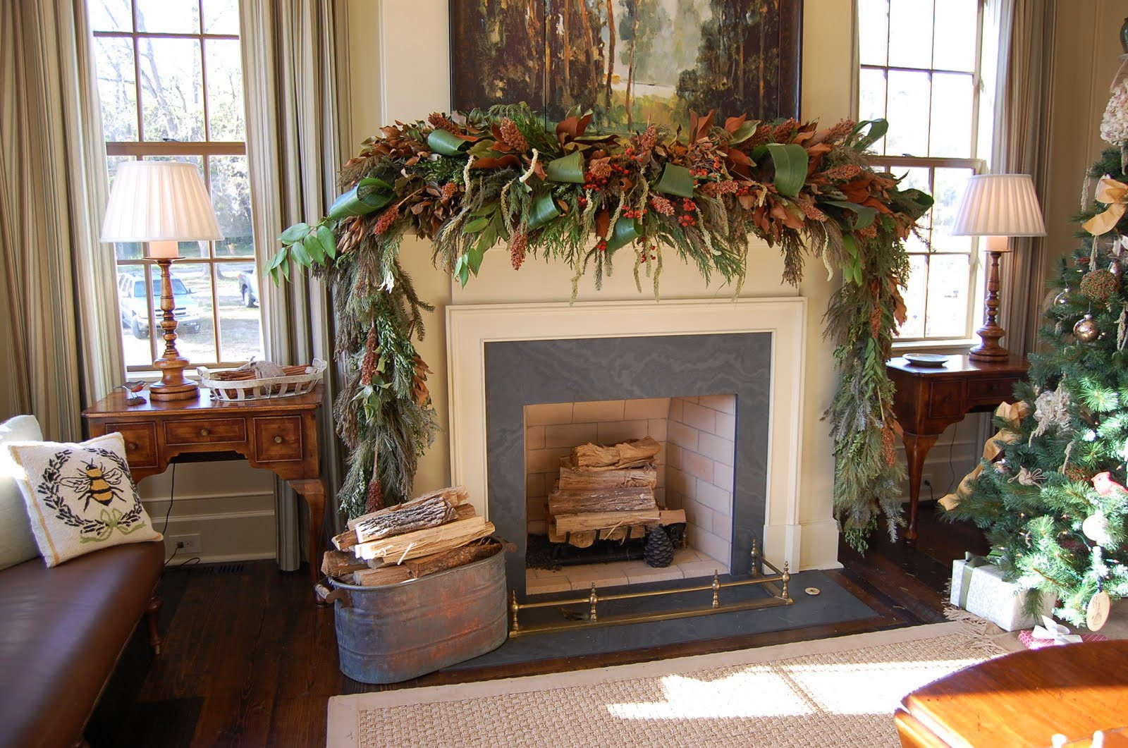 Fireplace Mantel Christmas
 Christmas Mantel Decorated with Natural Greenery in