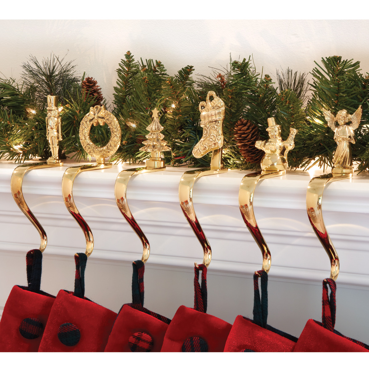 Fireplace Mantel Christmas Stocking Hooks
 Brass Stocking Holders with Design from Sporty s Tool Shop