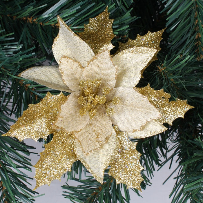 Flower Christmas Ornaments
 Wholesale 10pcs lot 17cm Gold Glitter Artificial Christmas