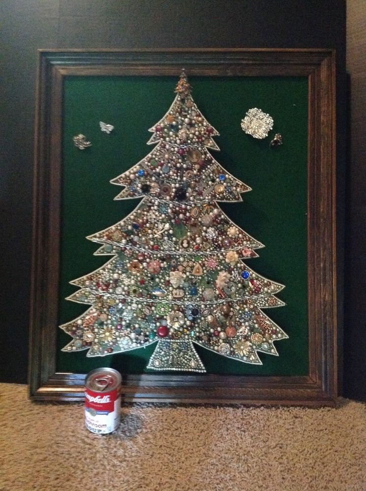 Framed Christmas Wall Art
 Vintage Jewelry Art Christmas Tree FRAMED Rhinestones