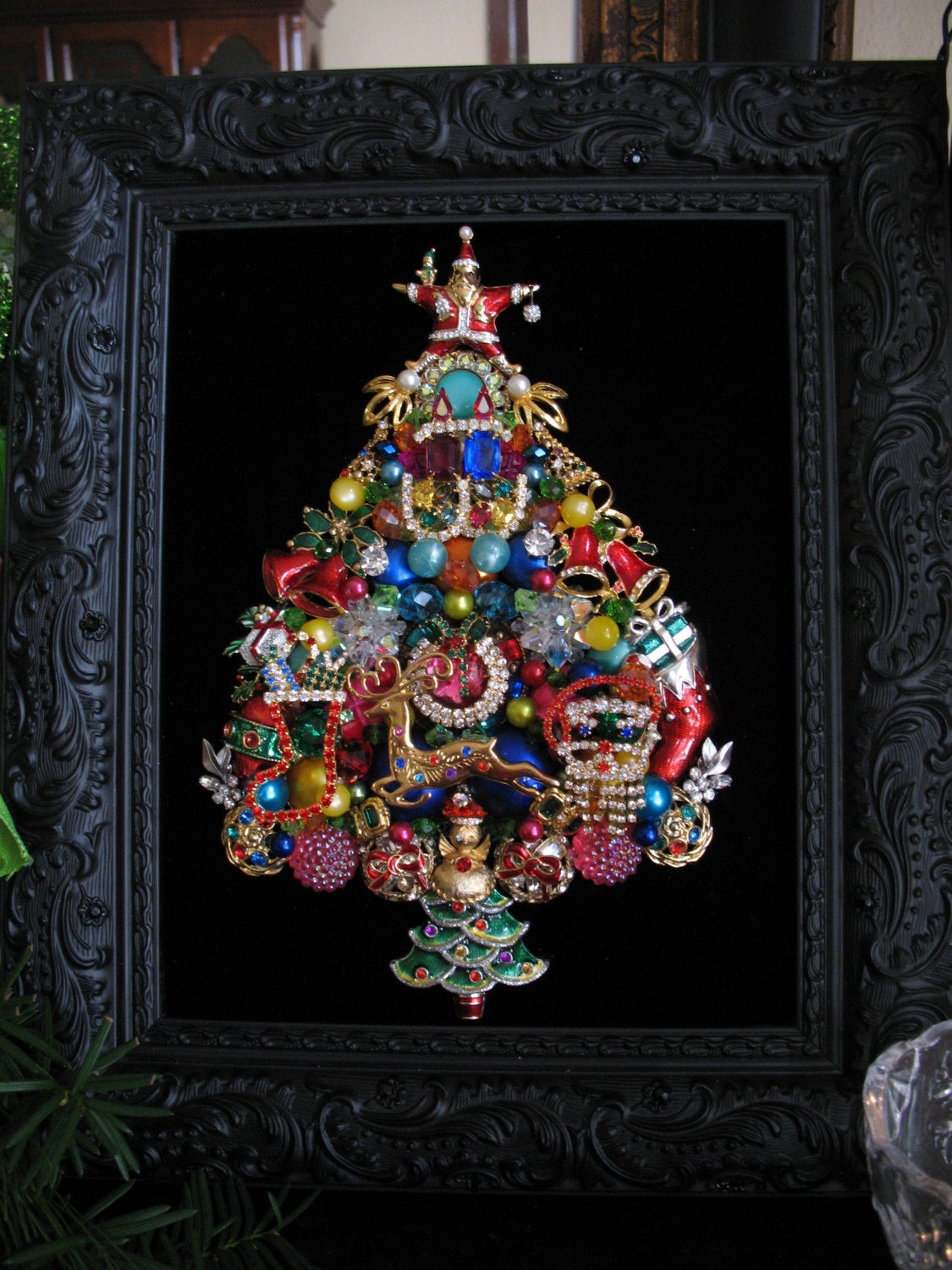 Framed Christmas Wall Art
 Framed Vintage Jewelry Christmas Tree Colorful 1970s Santa