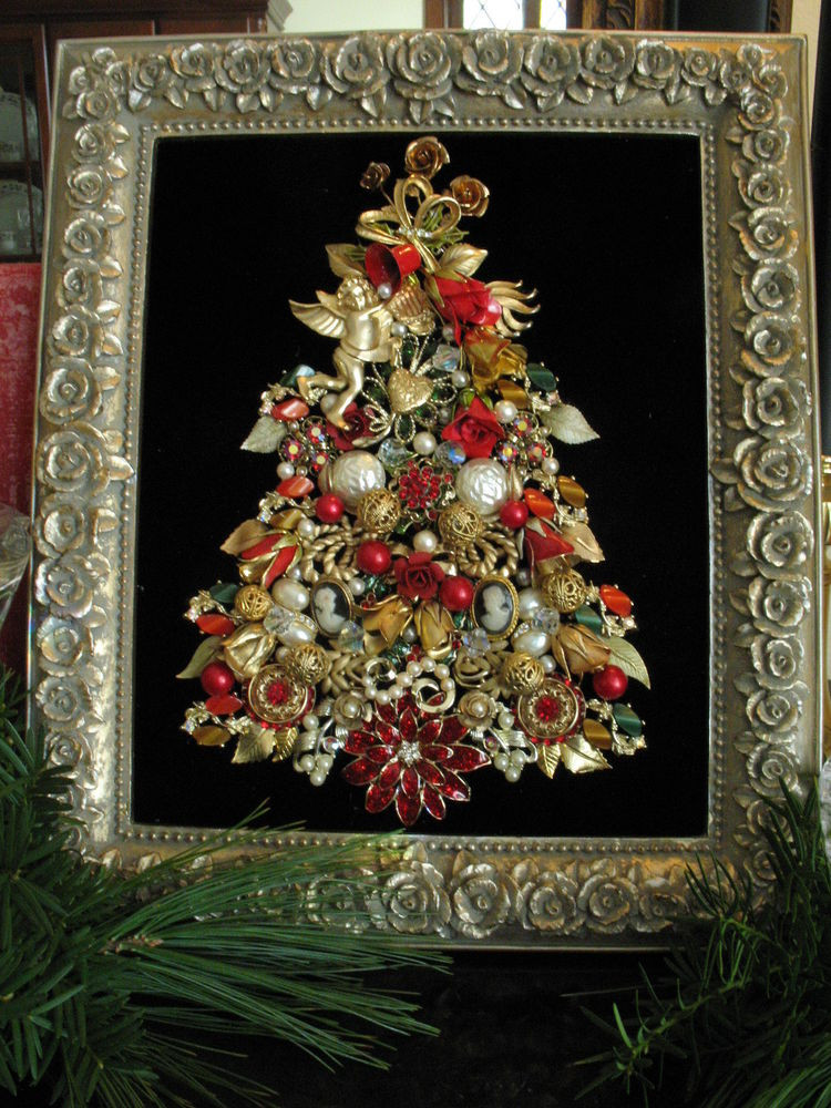 Framed Christmas Wall Art
 Framed Vintage Jewelry Christmas Tree Art Roses Cherub
