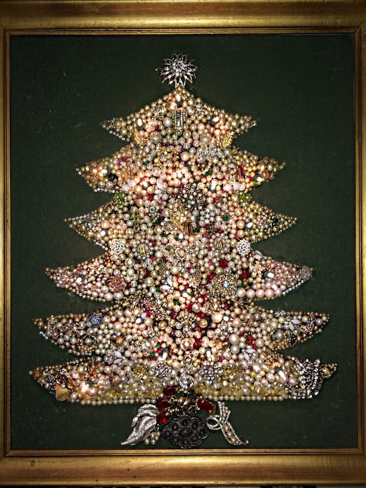 Framed Christmas Wall Art
 Vintage Jewelry Christmas Tree Framed Art Rhinestone