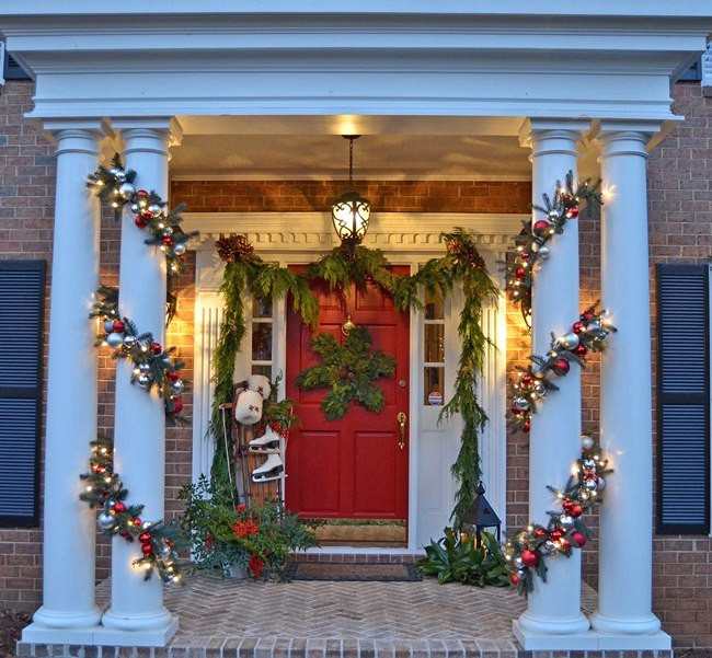 Front Porch Garland Christmas
 Christmas Front Porch with Three 3 Boxwood Wreaths Deer