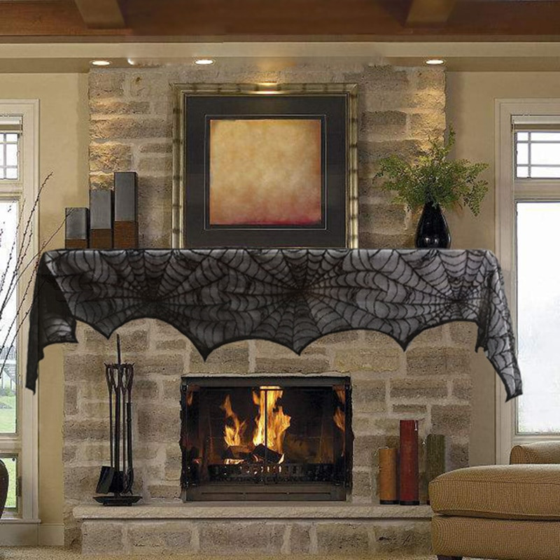 Halloween Fireplace Mantel Scarf
 QuickDone Black Lace Spider Cobweb Fireplace Mantel Scarf