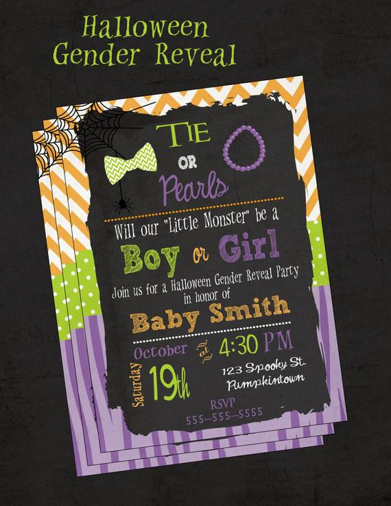 Halloween Gender Reveal Party Ideas
 Halloween Gender Reveal Invitation Bow Ties and Pearls