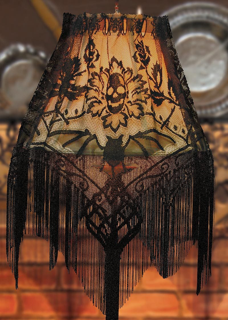 Halloween Lamp Shade Covers
 Skull & Roses Fringe Goth Black Lace Victorian Halloween