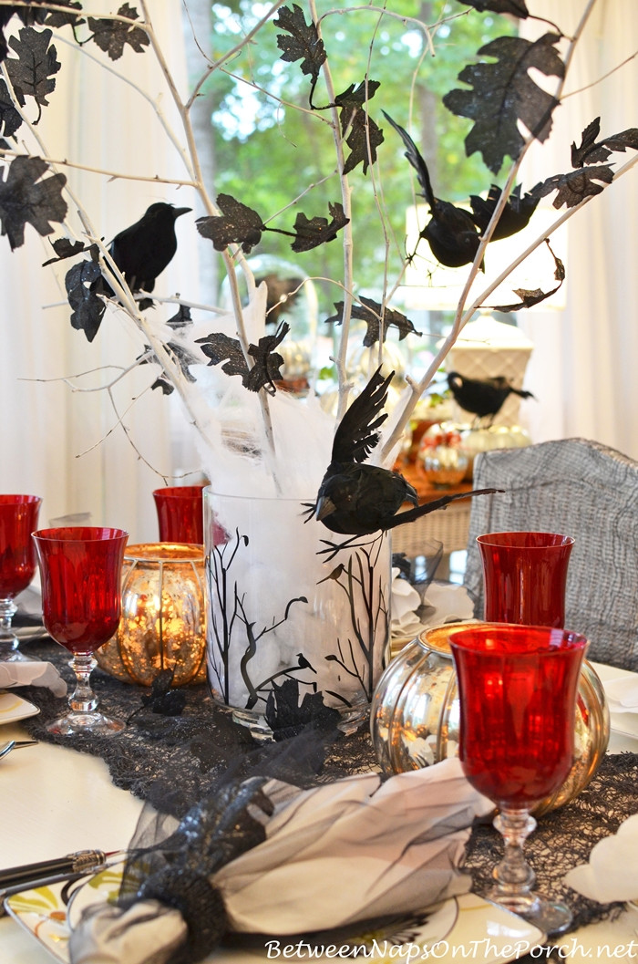 Halloween Table Centerpieces
 Halloween Table Setting Tablescape with Raven Crow Centerpiece
