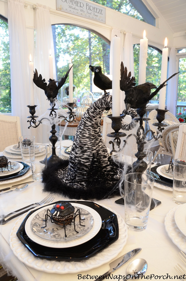 Halloween Table Decor
 Halloween Table Setting Tablescape with Spider Cupcakes