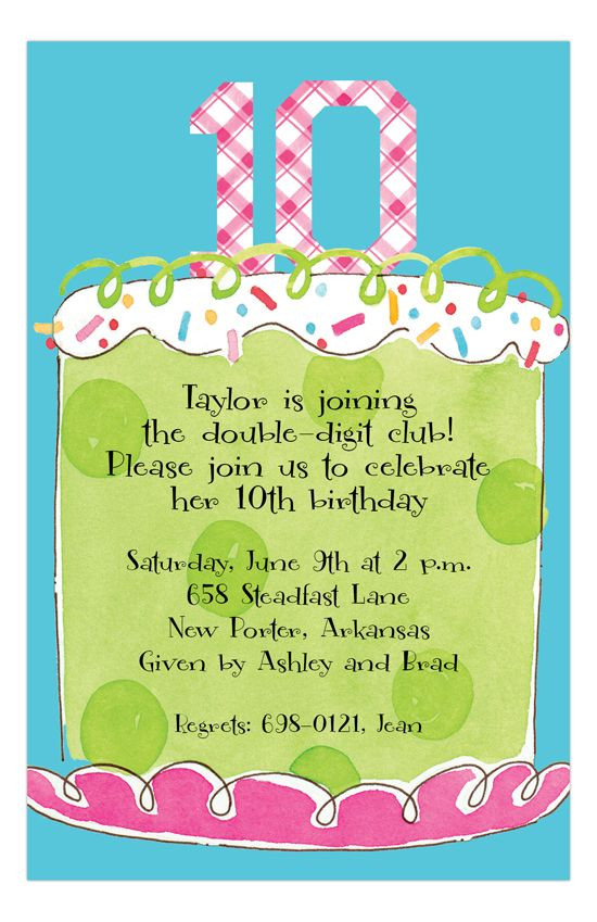 Kids Birthday Party Invitation Wording
 Girl Tenth Birthday Invitation