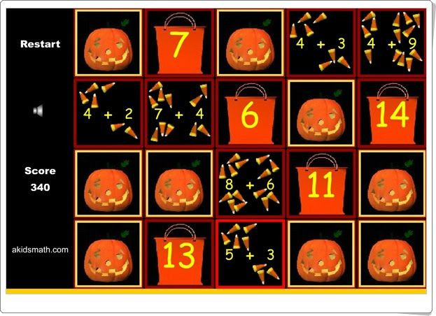 Math Playground Halloween
 "Candy Corn Addition" Juego memory de sumas