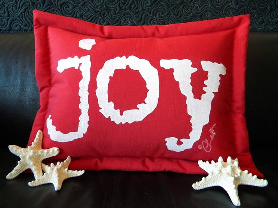 Outdoor Christmas Pillows
 Outdoor pillow Christmas joy painted red white by crabbychris