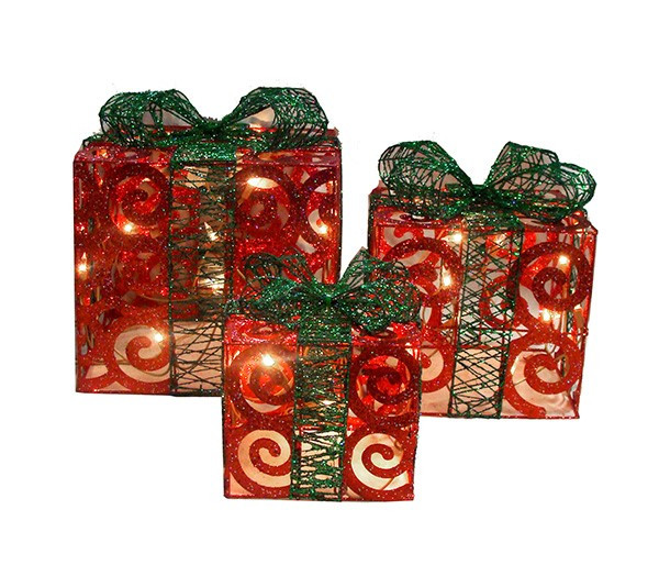 Outdoor Christmas Present Decorations
 Jet Set of 3 Sparkling Red Swirl Gift Boxes Lighted